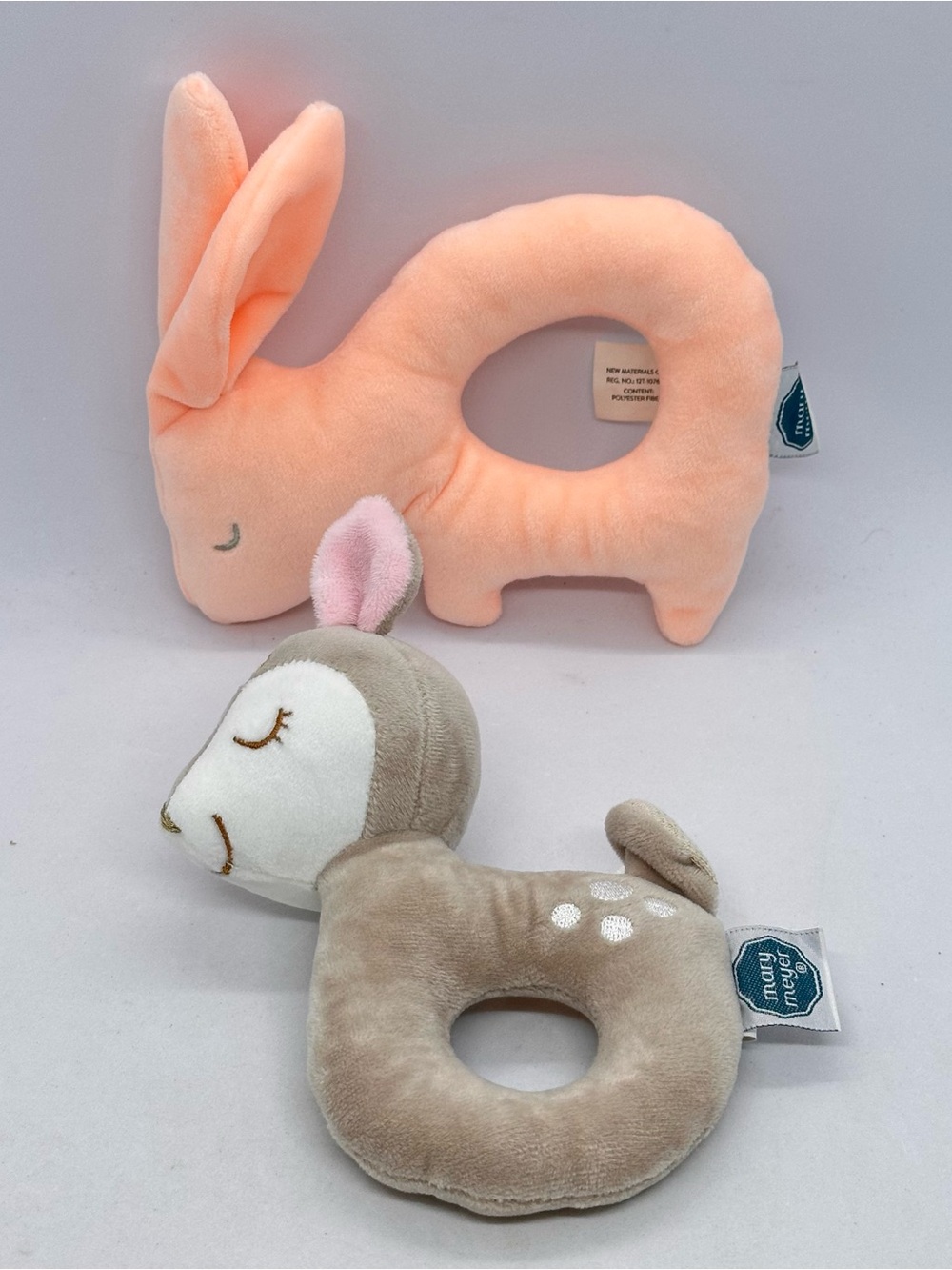 Mary Meyer Peach Sleeping Bunny Rabbit &Itzy Glitzy Fawn Plush Hand Held Rattles